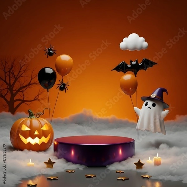 Obraz Cute and spooky 3D Halloween scene featuring a product display podium with a jack-o-lantern, ghost, balloons, and candles