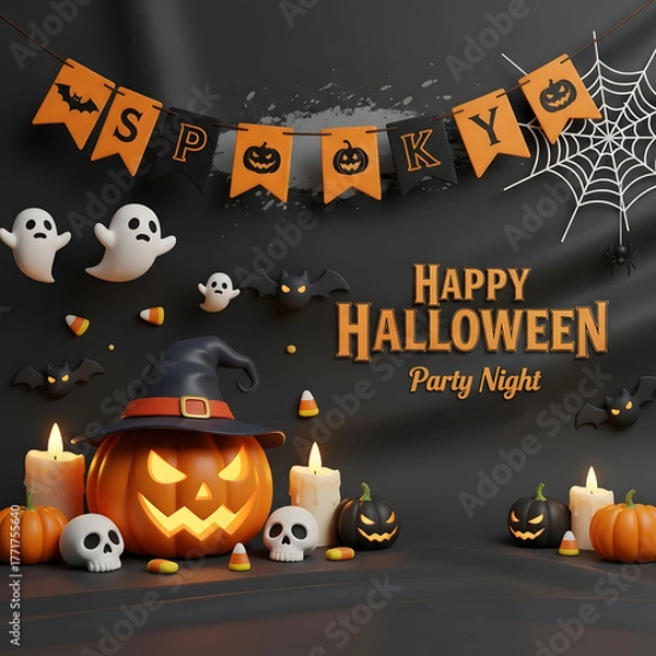 Obraz A spooky and festive 3D illustration for a Halloween party night, featuring a glowing Jack-o'-lantern with a witch hat, ghosts, and bats