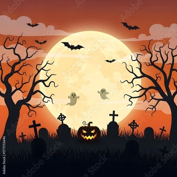 Obraz Spooky Halloween night scene with a glowing jack-o'-lantern in a dark graveyard under a full moon with ghosts and bats