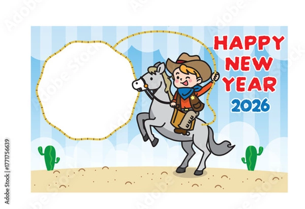 Obraz 横向き構図のカウボーイ風フォトフレーム年賀状イラスト（干支・西部風・明るい新年デザイン）