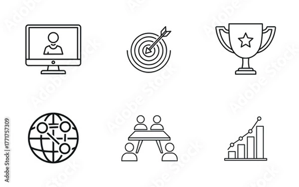 Fototapeta Remote Work & Global Business Icon Set: Goal Setting, Team Meeting, Achievement, and Financial Growth Vector