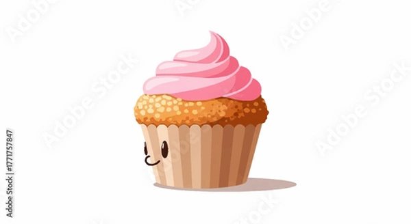 Obraz Delightful cartoon cupcake with a sweet pink frosting swirl and a cheerful face, perfect for fun food concepts.