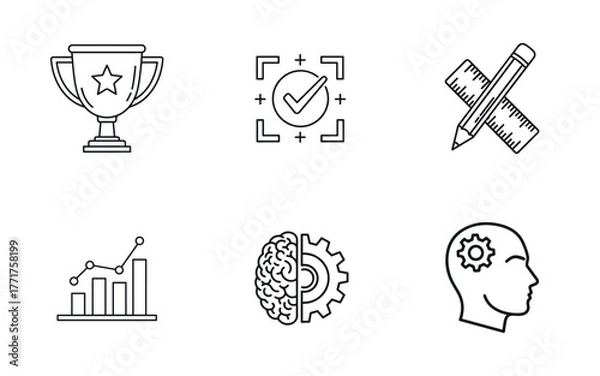 Fototapeta Strategic Achievement & Intelligence Icon Set: Quality Assurance, Data Metrics, and Planning Vector Pack