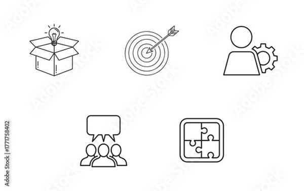Fototapeta Creative Thinking & Goal Setting Icon Pack: Management, Team Communication, and Puzzle Solution Vector