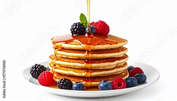 Fototapeta Stack of Golden Pancakes with Fresh Berries and Syrup Drizzle on White Plate Symbolizing Classic Breakfast Indulgence Morning Ritual and Gourmet Food Styling for Editorial and Lifestyle Use