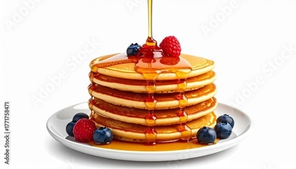 Fototapeta Stack of Golden Pancakes with Fresh Berries and Syrup Drizzle on White Plate Symbolizing Classic Breakfast Indulgence Morning Ritual and Gourmet Food Styling for Editorial and Lifestyle Use