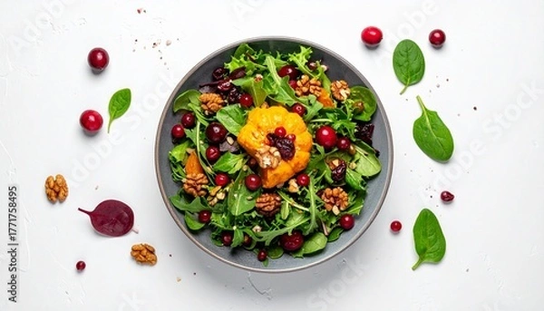 Fototapeta Colorful Autumn Salad with Leafy Greens Orange Cranberries Pecans and Feta on White Plate Symbolizing Healthy Eating Seasonal Freshness and Gourmet Food Styling for Editorial and Lifestyle Use