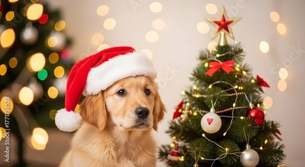 Fototapeta An adorable golden retriever puppy wearing a red Santa hat sits next to a small, decorated Christmas tree with festive lights.