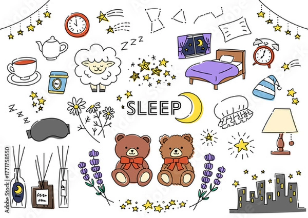 Fototapeta 睡眠関係の手描きイラストセット
