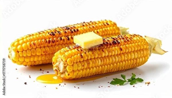 Fototapeta Grilled Corn on the Cob with Melting Butter Dripping Down Kernels on White Background Symbolizing Summer Flavor Rustic Cuisine and Festive Food Styling for Editorial and Lifestyle Use