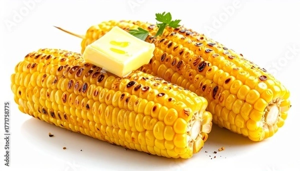 Fototapeta Grilled Corn on the Cob with Melting Butter Dripping Down Kernels on White Background Symbolizing Summer Flavor Rustic Cuisine and Festive Food Styling for Editorial and Lifestyle Use