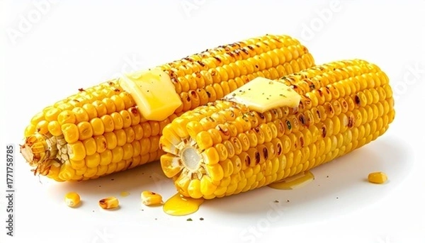 Fototapeta Grilled Corn on the Cob with Melting Butter Dripping Down Kernels on White Background Symbolizing Summer Flavor Rustic Cuisine and Festive Food Styling for Editorial and Lifestyle Use