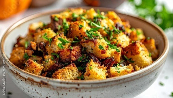 Fototapeta Bowl of Seasoned Croutons with Herbs and Garlic on White Background Symbolizing Homemade Flavor Culinary Craftsmanship and Gourmet Food Styling for Editorial and Lifestyle Use