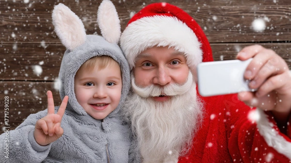 Fototapeta Smiling santa and child in bunny costume taking selfie in snowy scene