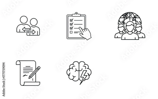 Fototapeta Master Line Art Business Icon Set: Global Management, Idea, Contract, 24/7 Support, Growth, and Team Solutions