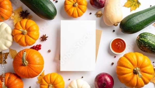 Fototapeta Autumn Arrangement with Colorful Pumpkins Leaves Acorns and Blank Card on White Background Symbolizing Seasonal Greeting Thanksgiving Decor and Promotional Design for Editorial and Lifestyle Use