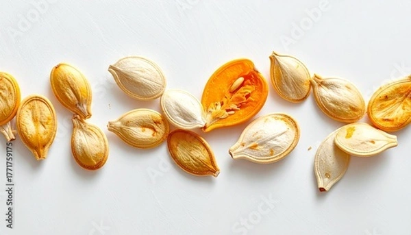 Fototapeta Pumpkin Seeds in Varied Stages Arranged on White Background Symbolizing Culinary Preparation Agricultural Anatomy and Seasonal Detail for Editorial and Educational Use