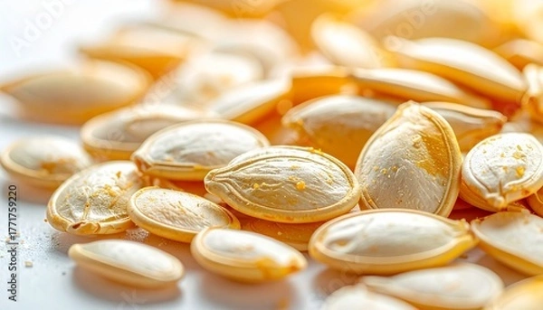 Fototapeta Pumpkin Seeds in Varied Stages Arranged on White Background Symbolizing Culinary Preparation Agricultural Anatomy and Seasonal Detail for Editorial and Educational Use