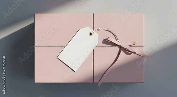 Fototapeta A minimalist pink gift box tied with a ribbon, featuring a blank white tag for a message.