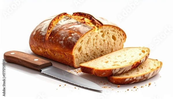 Fototapeta Sliced Artisan Bread with Serrated Knife and Autumn Leaf on White Background Symbolizing Homemade Baking Seasonal Comfort and Rustic Culinary Styling for Editorial and Lifestyle Use