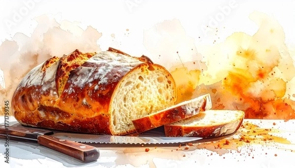 Fototapeta Sliced Artisan Bread with Serrated Knife and Autumn Leaf on White Background Symbolizing Homemade Baking Seasonal Comfort and Rustic Culinary Styling for Editorial and Lifestyle Use