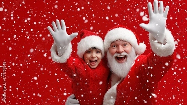 Fototapeta Joyful santa and child celebrating christmas in snowy red wonderland