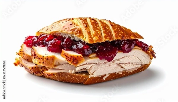 Fototapeta Thanksgiving Sandwich with Roasted Turkey Cranberry Sauce and Parsley Garnish on White Background Symbolizing Seasonal Comfort Holiday Leftovers and Festive Culinary Styling for Editorial and Lifestyl