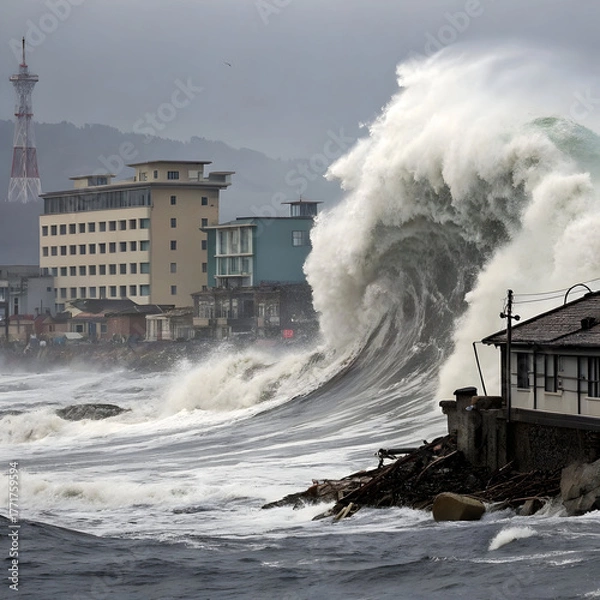 Fototapeta a tsunami wave crashing into the city and damaging