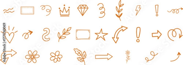 Fototapeta Collection of hand drawn golden doodle icons and symbols, including hearts, crowns, diamonds, stars, arrows, flowers, leaves, and abstract shapes, isolated on a transparent background
