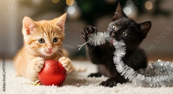 Fototapeta An adorable ginger kitten and a black kitten playing together with a red bauble and silver tinsel during Christmas.