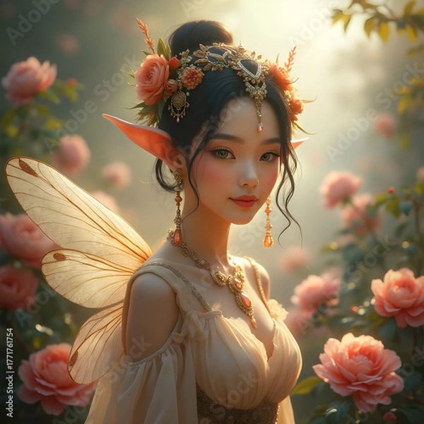 Obraz beautiful peony fairy with headdress
