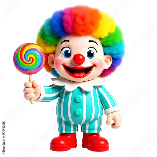 Obraz Cartoon clown with rainbow afro and striped costume holding a swirl lollipop, 3D character render, isolated on transparent background