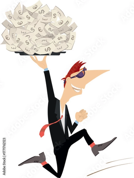 Fototapeta Success in business. Gambling. Lottery.
Happy running man holding a tray full of money under his had
