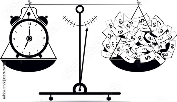 Fototapeta Scales. Time. Money. Business concept illustration.
Scales, time is money. Scales with paper currency and clock. Flat illustration. Time is money. Business, success concept.
