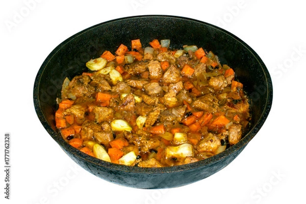 Fototapeta Roast with meat for pilaf.Filling for pilaf.Roast meat with carrots and onions.Toasted meat background.