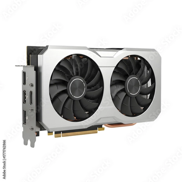 Obraz Silver and black dual-fan graphics processing unit (GPU), high-fidelity product render, isolated on transparent background