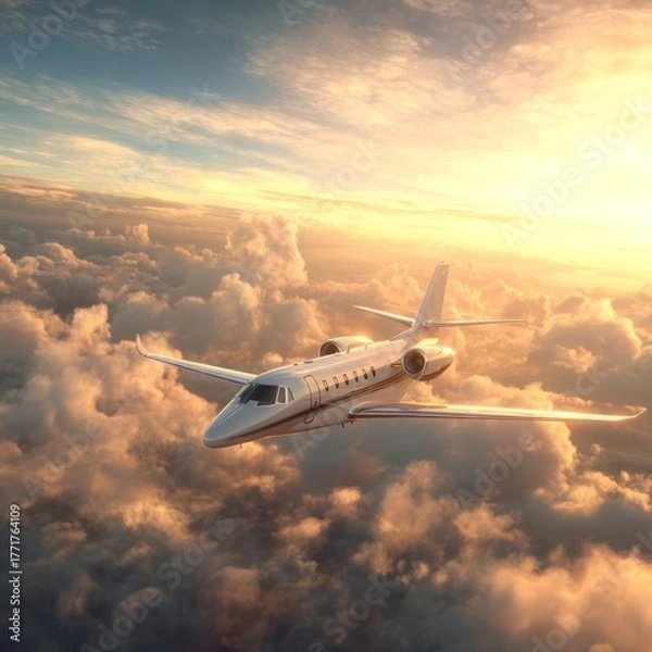 Obraz A private jet soars through a golden sunset sky, high above fluffy clouds.