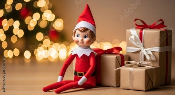 Fototapeta A festive Christmas elf doll sits next to wrapped presents with glowing holiday lights in the background.
