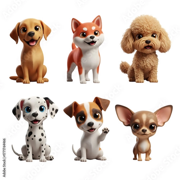 Obraz Grid of six different stylized cartoon puppies (Labrador, Shiba Inu, Poodle, Dalmatian, Jack Russell, Chihuahua), cute 3D character collection, isolated on transparent background