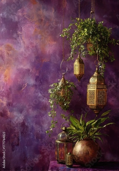 Fototapeta A still life composition featuring decorative hanging lanterns and plants against a textured purple wall, evoking a warm and inviting atmosphere.
