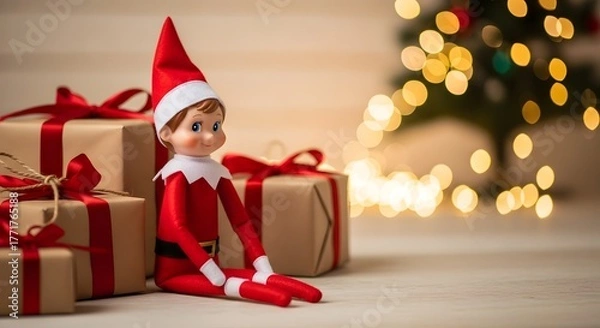 Fototapeta A cute Christmas elf doll sits beside wrapped presents with a festive, softly lit tree in the background.