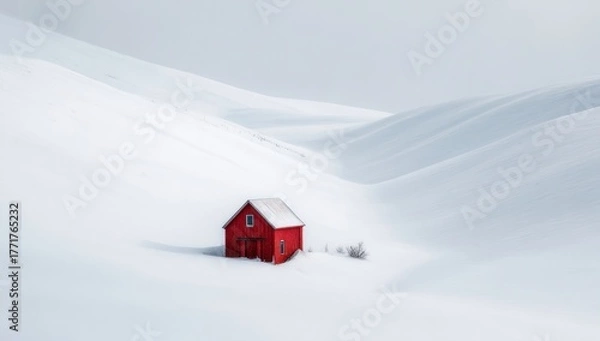 Obraz A solitary red cabin rests serenely amidst a vast expanse of snow-covered, gently sloping hills.