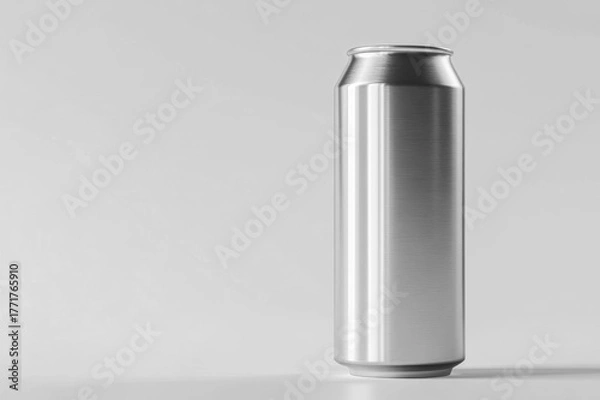 Obraz Silver metal drink can mockup on gray background – minimalist beverage packaging design
