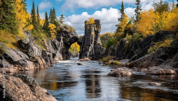 Obraz A serene river gorge, sculpted by nature, showcases dramatic rock formations and vibrant autumn foliage.