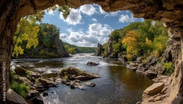 Obraz Scenic river vista framed by a cave opening, showcasing autumnal foliage and rugged cliffs.