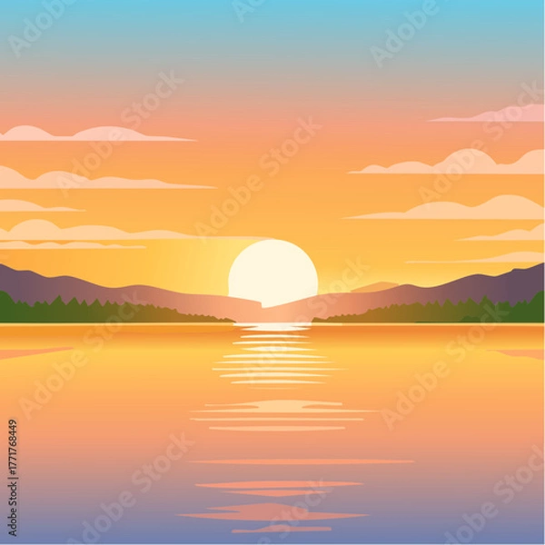 Fototapeta Vibrant Sunset Over Calm Lake with Mountain Silhouette and Reflected Sunlight Pixel Art Landscape