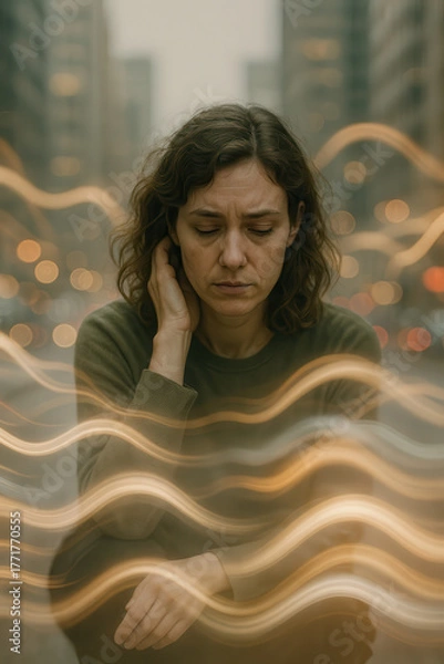 Fototapeta Emotional reflection of highly sensitive person in a busy urban environment during twilight hours