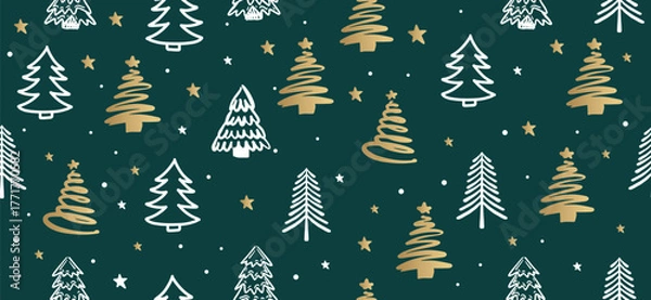 Fototapeta Christmas tree pattern on red background, Hand drawn illustrations.	
