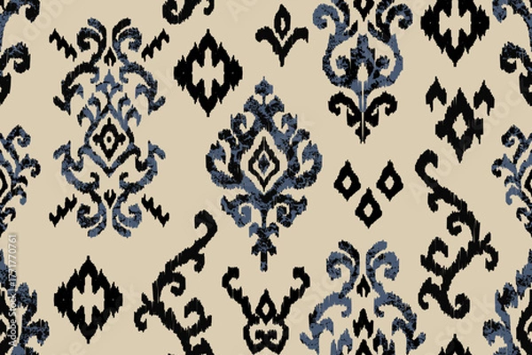 Obraz Modern ikat seamless pattern featuring blue and black geometric and ornamental motifs on a beige background. geometric ethnic oriental seamless pattern.Aztec style. illustration. design for textiles 