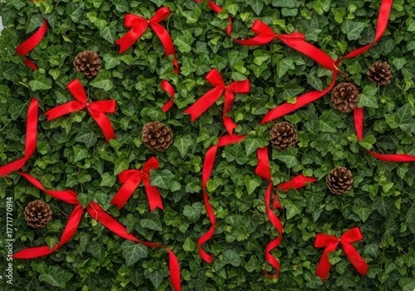 Fototapeta Festive greenery with red ribbons and pinecones